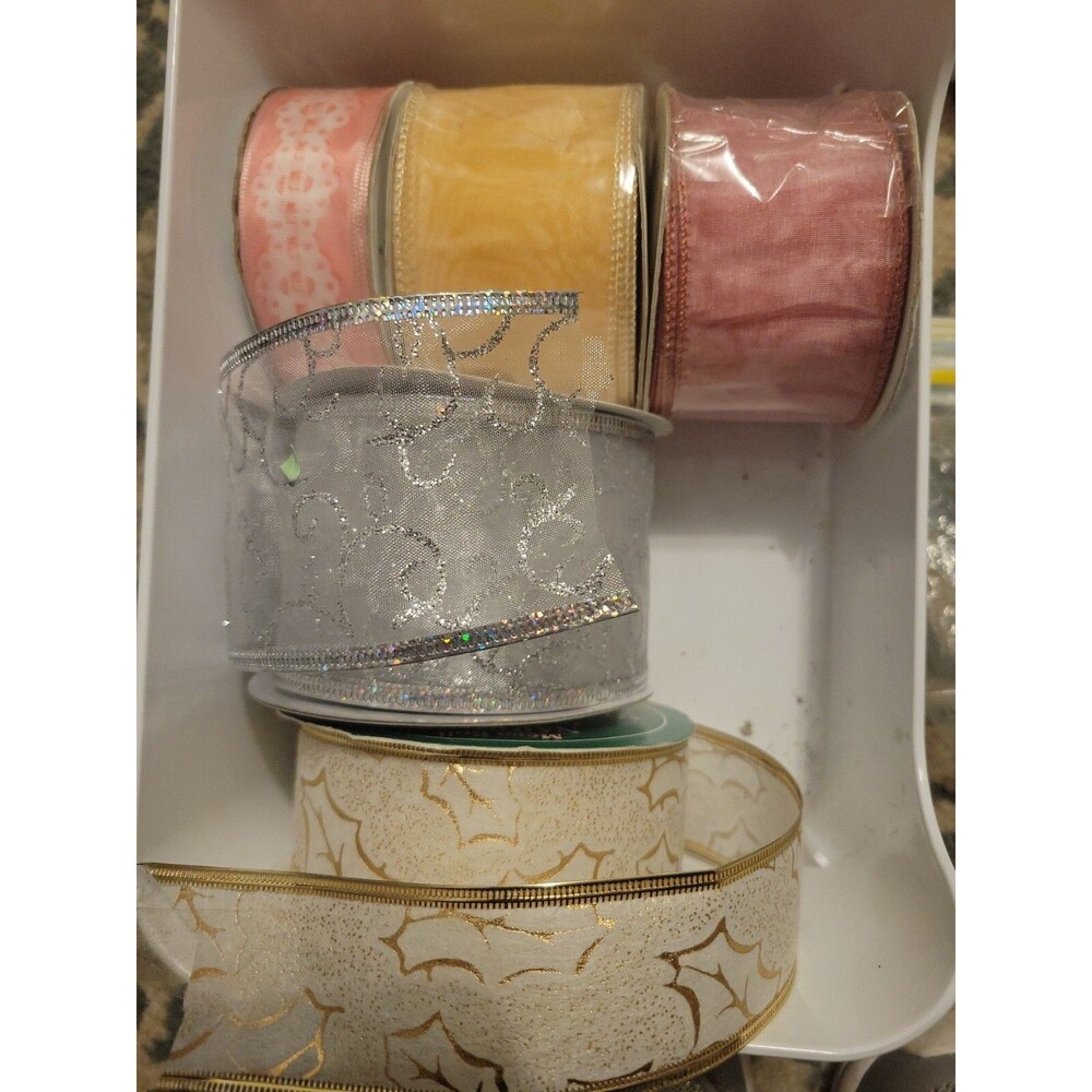 Lot of 5 Spools Of Wired Ribbon- Pink, Beige Gold, Silver Sparkle, Hallmark++